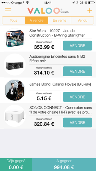 Liste des objets à vendre et gérés par l'application Valoo