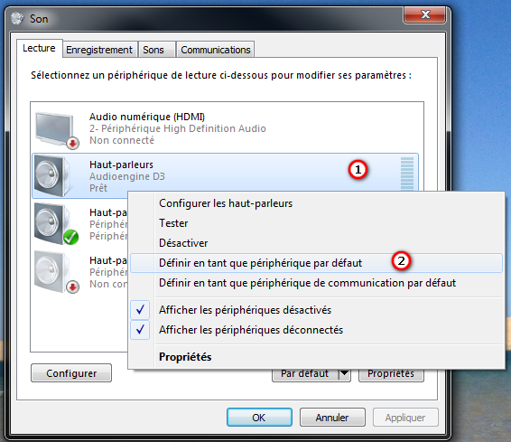 Sélection du DAC D3 comme carte son par défaut sous Windows