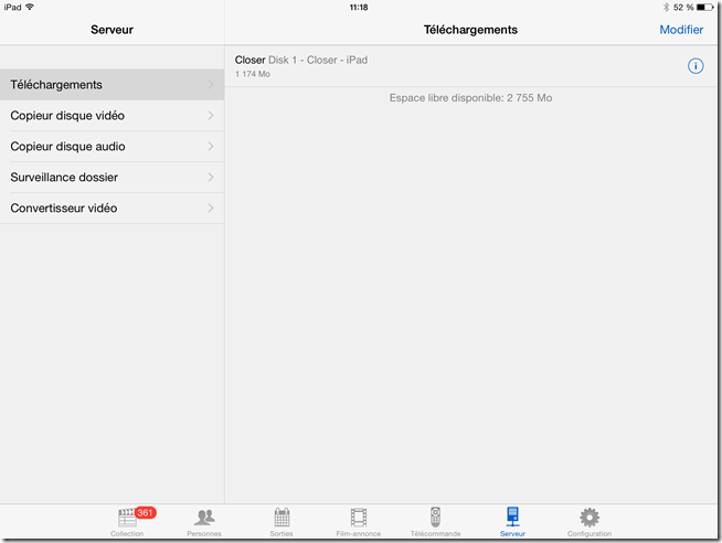 Stockage des films dans la mémoire interne de l'iPad