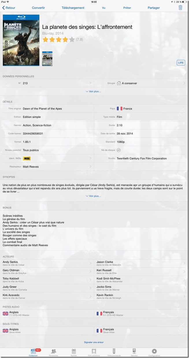 La fiche complète du disque DVD ou Blu-ray stocké dans la filmothèque