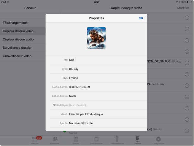 Affichage des informations d'un disque Blu-ray copié sur le serveur