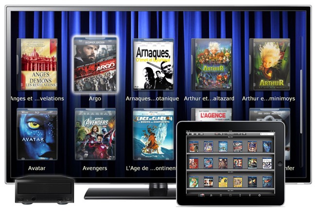 Filmothèque dématérialisée avec un serveur audio-vidéo, un lecteur multimédia et l'application My Movie sur iPad