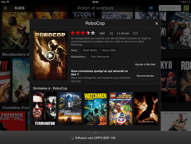Choix du film directement sur l'iPad pour une lecture sur le home cinéma