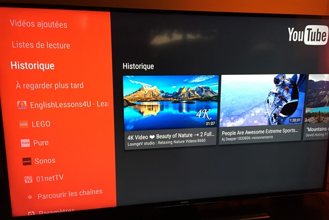 L'interface YouTube sous Android TV