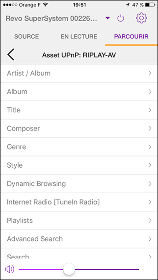 Navigation dans la collection de fichiers audio sur le réseau par UPnP et DLNA