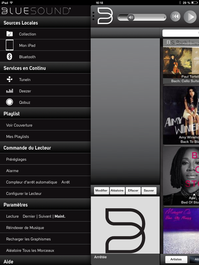 Volet de choix et de paramétrage de l'application Bluesound