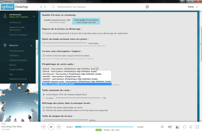 Choix du DAC externe USB comme sortie audio directement dans l'application Qobuz
