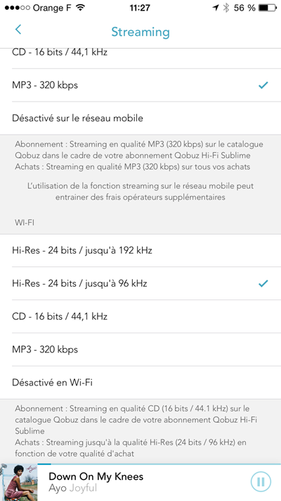 Les bon réglages de l'application Qobuz pour les fichiers lus en streaming ou en mémoire