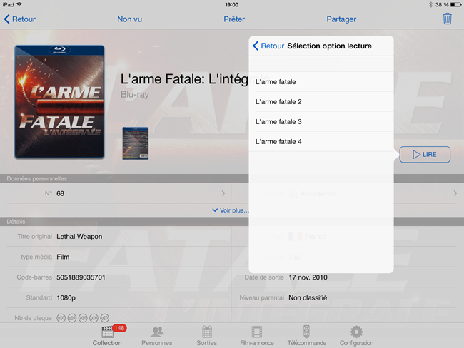 Choix d'un film Blu-ray dans un coffret stocké sur le serveur