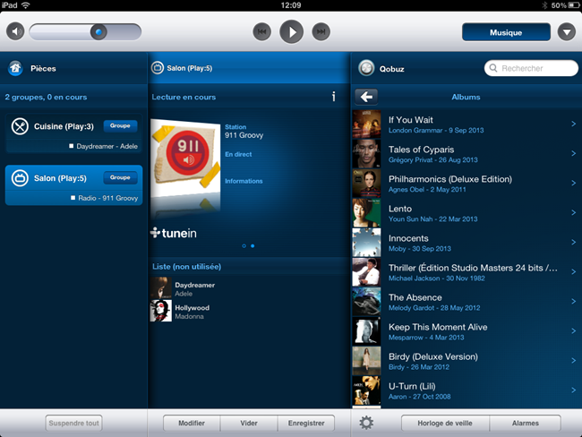 Application Sonos sur iPad avec le service de musique en ligne Qobuz