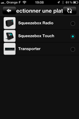 Sélectionner sa Squeezebox depuis l'écran de l'iPhone