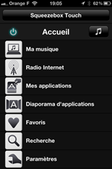 Ecran d'accueil de la télécommande sur iPhone