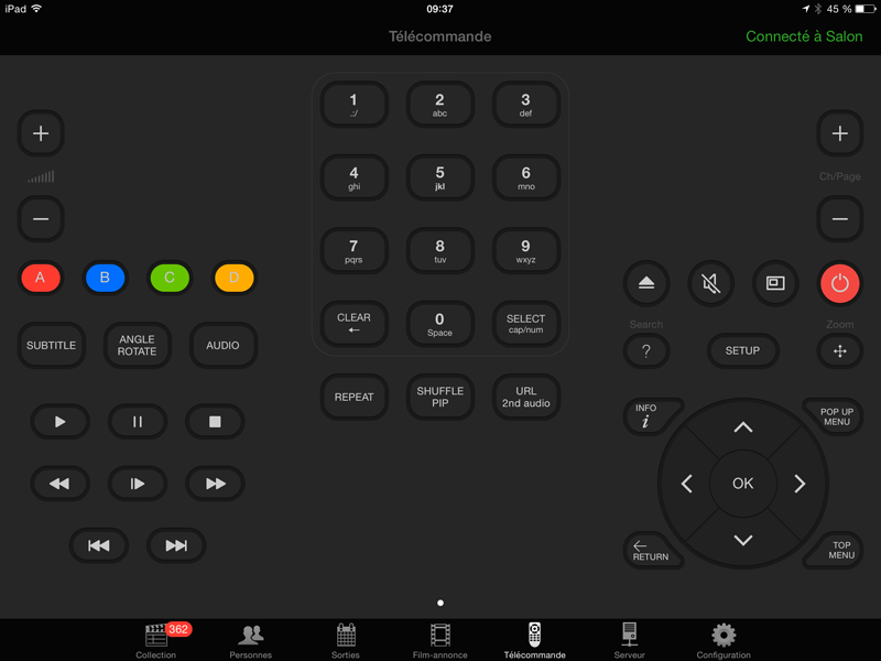 Télécommande WiFi pour lecteur Dune t Windows media Center depuis l'application My Movies