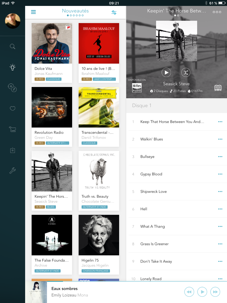 App Qobuz - Navigation en trois colonnes sur l'iPad