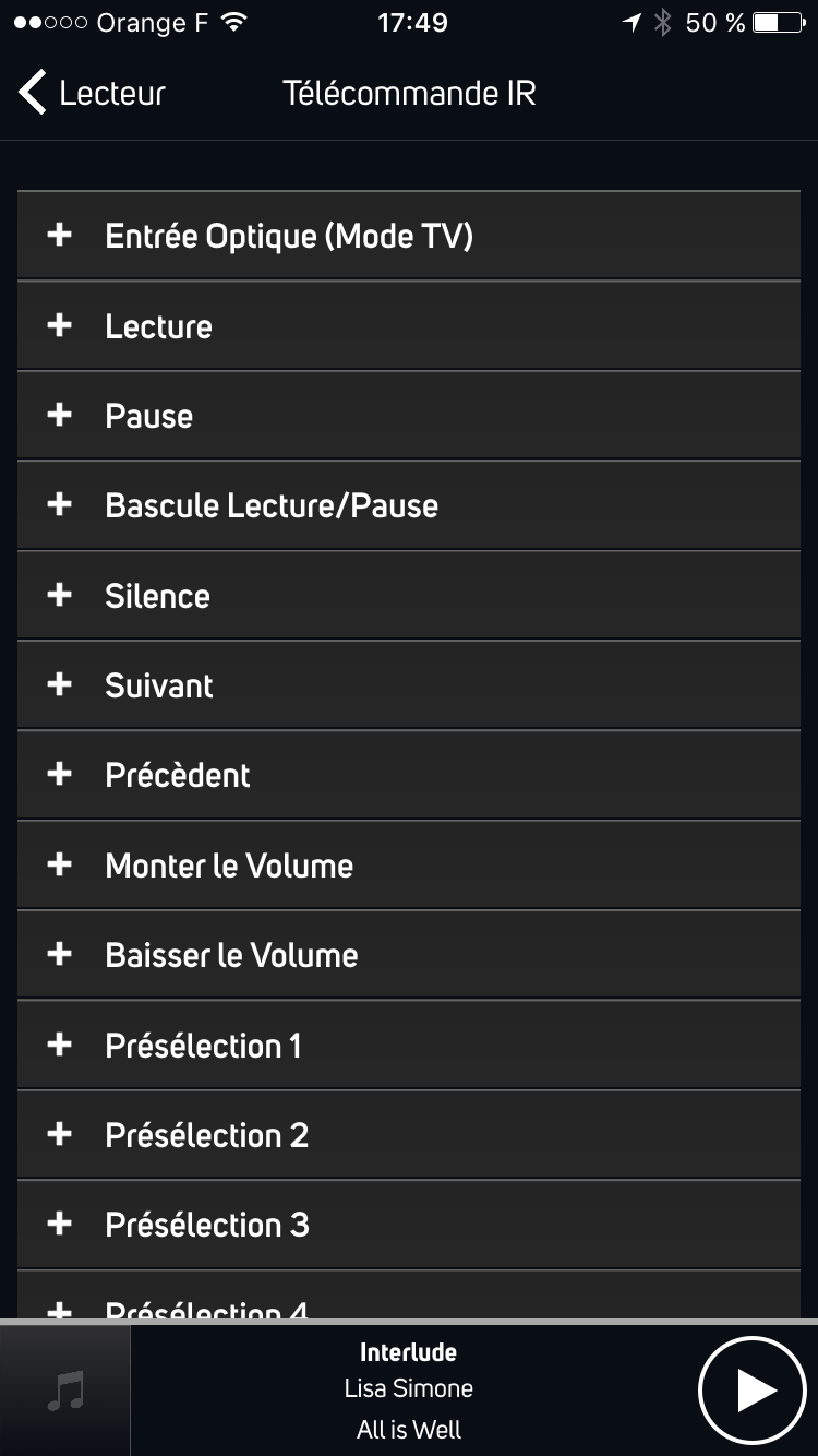 Configuration et pilotage par une télécommande infrarouge universelle de la barre de son TV Bluesound