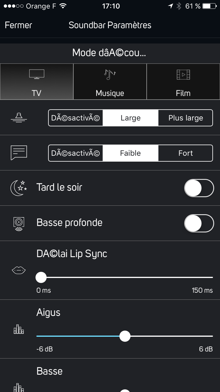Réglages de la barre de son en mode télévision
