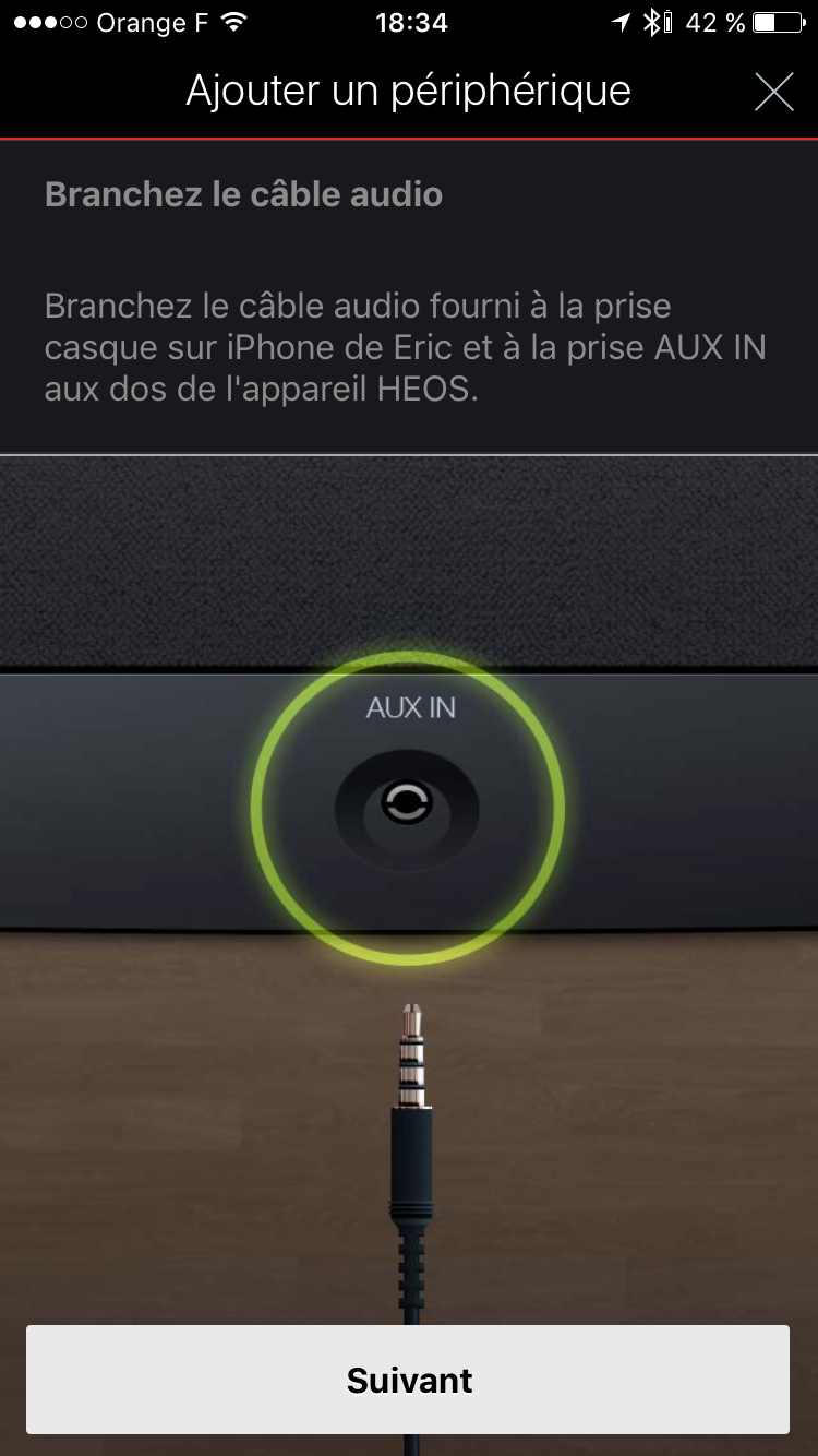 Etape 1 - connexion du câble mini-jack audio sur l'enceinte Denon HEOS 5