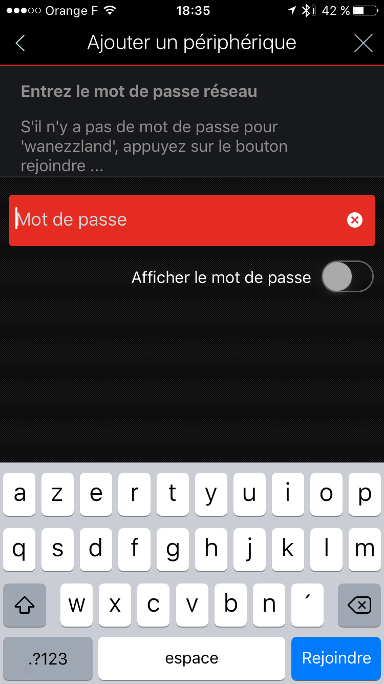 Etape 4 : saisie du mot de passe WiFi pour connecter l'enceinte sur le réseau sans fil de la maison