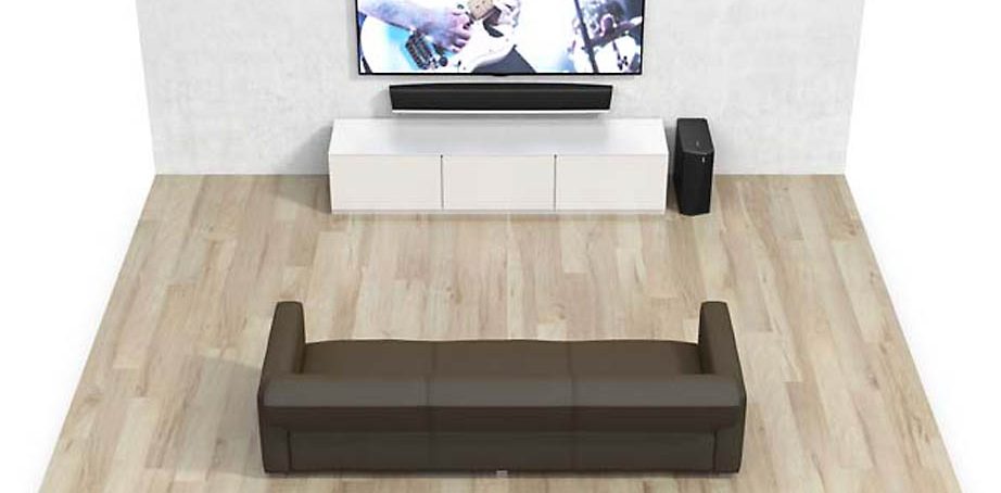 Une barre de son et un caisson de graves pour une installation home cinéma 3.1 - aucun fil audio entre les deux équipements Configuration home cinéma 3.1 avec la barre de son sans fil DENON HEOS et le caisson de graves sans fil WiFi Subwoofer