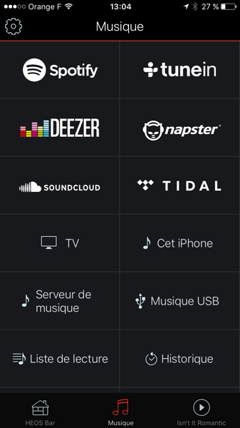 Toutes les sources sonores disponibles sur les enceintes Denon HEOS : Spotify, Tunein (radios web), Deezer, Napster, Soundcloud, Tidal, TV, iPhone, UPnP, USB Toutes les sources sonores disponibles sur les enceintes Denon HEOS