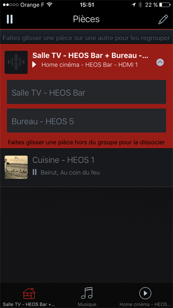 Les deux enceintes HEOS Bar et HEOS 5 sont regroupés : le son du téléviseur est envoyé sur plusieurs haut-parleurs par le réseau WiFi Diffusion du son de la TV sur une enceinte complémentaire WiFi Denon HEOS 5
