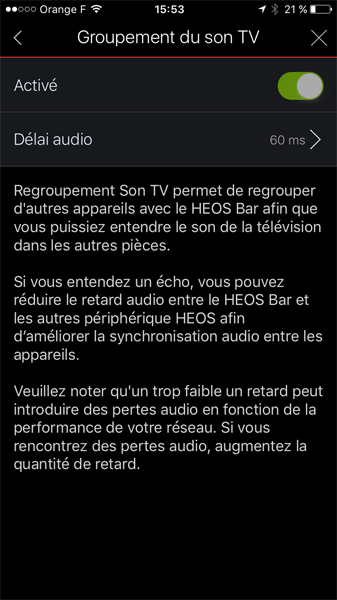 Diffusion du son de la TV sur plusieurs enceintes mutiroom WiFi Fonction de groupement du son TV par la barre de son et des enceintes HEOS