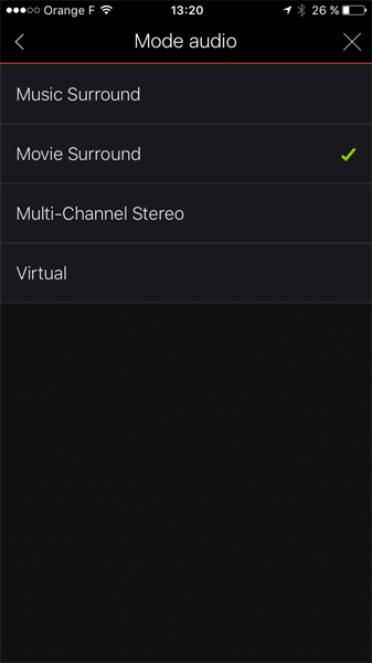 Application HEOS : les différents mode audio disponibles Choix des modes de rendu sonore : pour la musique, pour la TV ou pour le cinéma