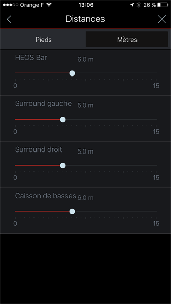 Application HEOS : réglages de la distance avec le spectateur Réglages des distances des haut-parleurs par rapport au spectateur