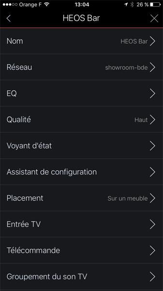 Application HEOS : tous les paramètres de la barre de son TV Accès aux réglages de la barre de son Denon HEOS