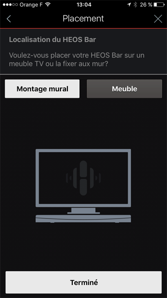 Application HEOS : Positionnement de la barre de son Application Denon HEOS : choix de la position de la barre de son