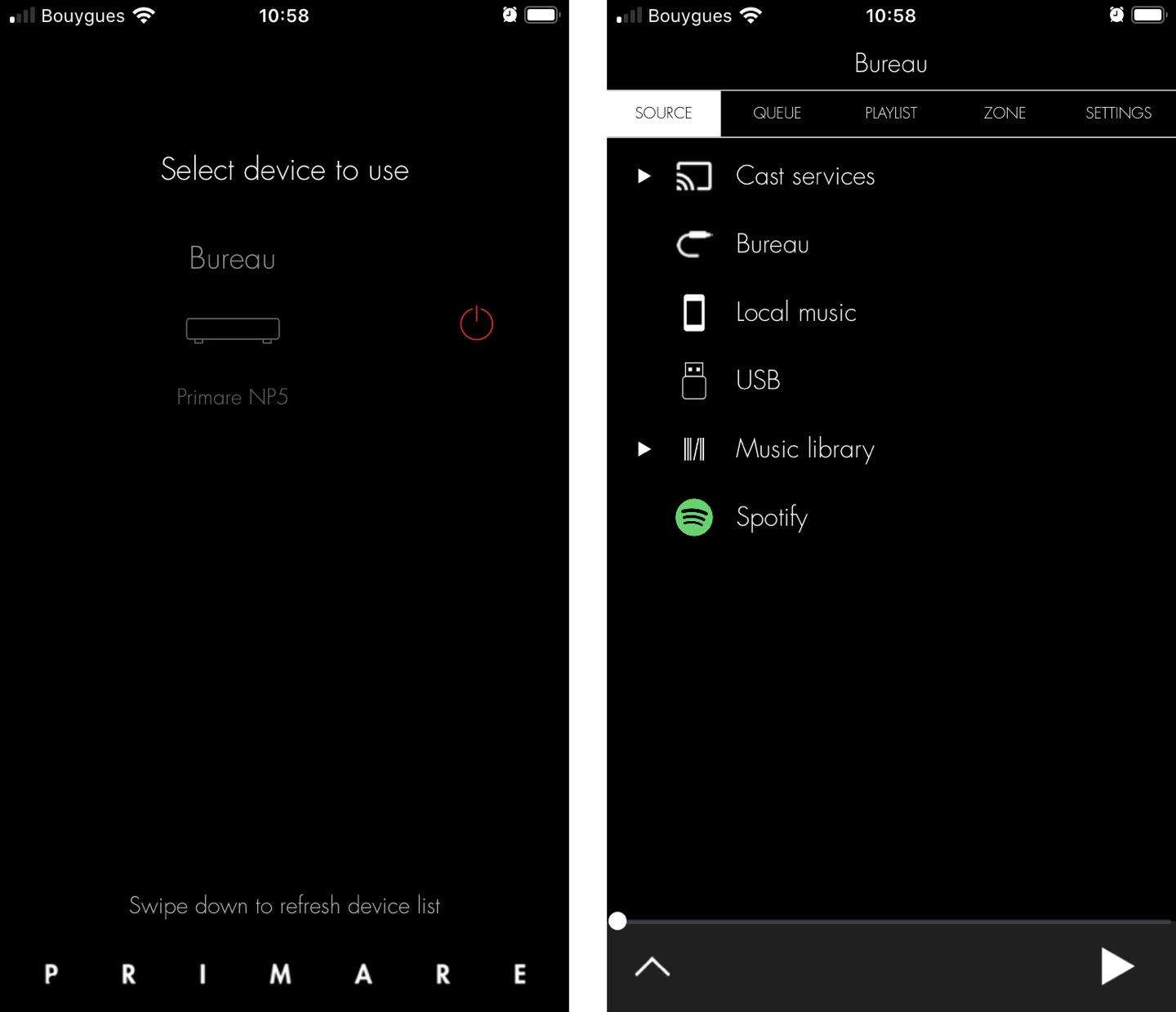 L’application Prisma liste les appareils Primare sur mon réseau, puis elle me donne accès aux différentes sources. L’application Prisma liste les appareils Primare sur mon réseau, puis elle me donne accès aux différentes sources.