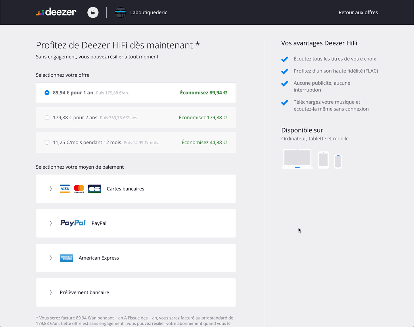Choisir votre durée d'abonnement pour bénéficier de l'offre Deezer HiFi à 7,49 € par mois