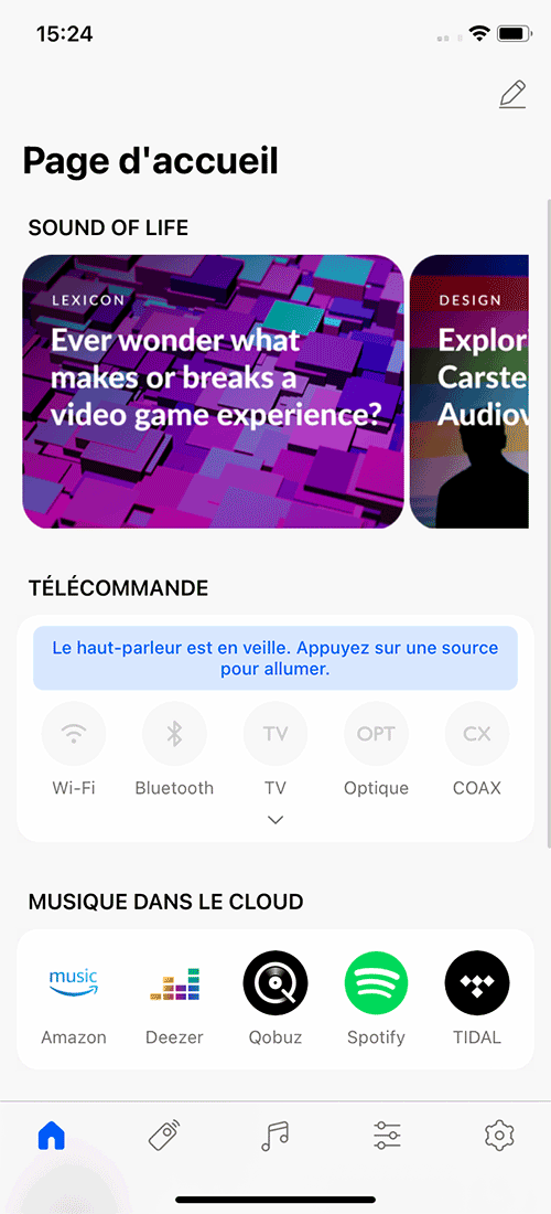Page d’accueil de l’application KEF Connect avec l’accès aux différentes sources audio filaires et numériques.