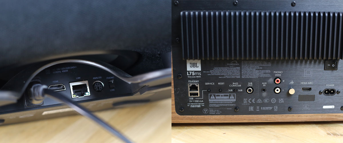 Connectiques des enceintes Sonus faber Omnia et JBL L75ms