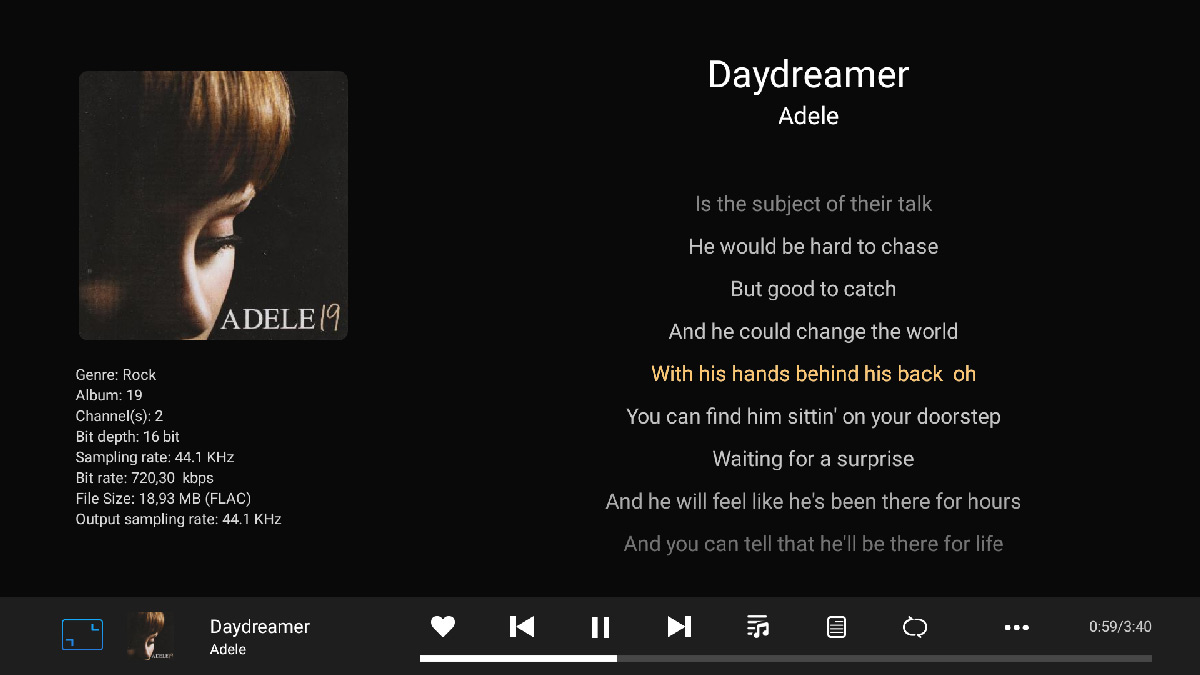 Interface de la musique Daydreamer de Adele lorsque vous écoutez une musique avec les paroles, la photos de l'artiste etc... Interface de la musique Daydreamer de Adele lorsque vous écoutez une musique avec les paroles, la photos de l'artiste etc...