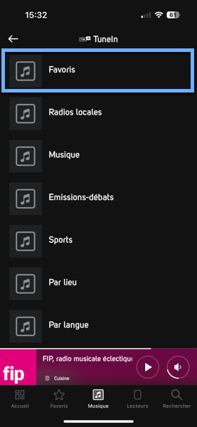 Accéder aux favoris de TuneIn pour ajouter le flux audio de votre radio Accéder aux favoris de TuneIn pour ajouter le flux audio de votre radio