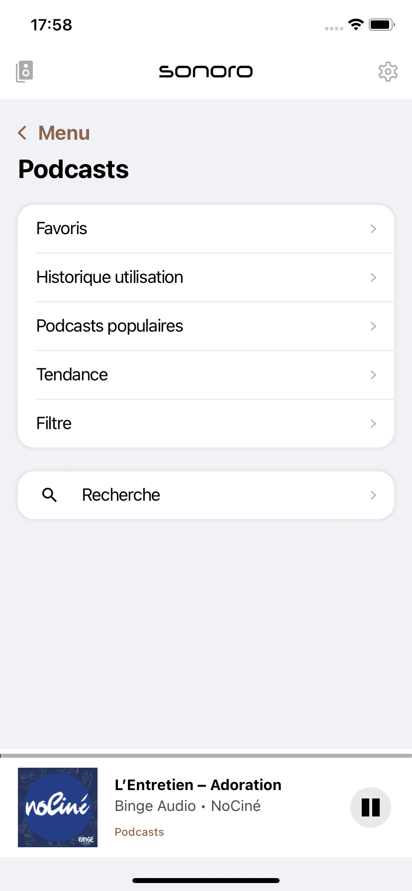 Menu de la rubrique Podcast