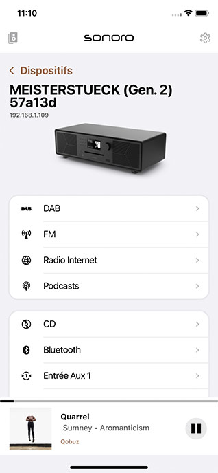 Voici la page d'accueil de l'application Sonoro Audio