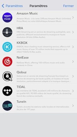 Voici les différents services de streaming supportés par Auralic