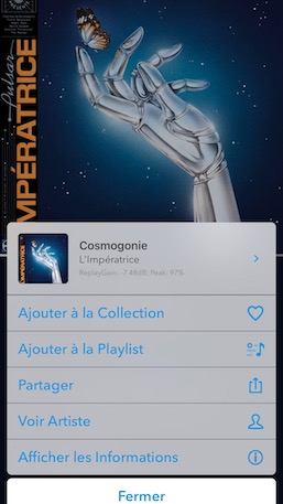 Le menu contextuel permet d’ajouter un titre en favori ou à une playlist