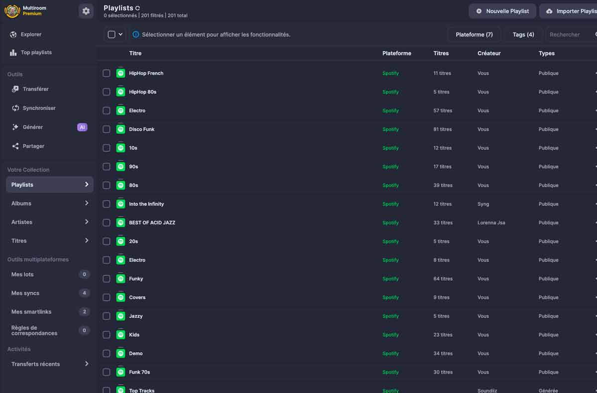 L’écran d’accueil de Soundizz liste toutes les playlists de tous mes abonnements : j’en ai créé 201 au total. L’écran d’accueil de Soundizz liste toutes les playlists de tous mes abonnements : j’en ai créé 201 au total.