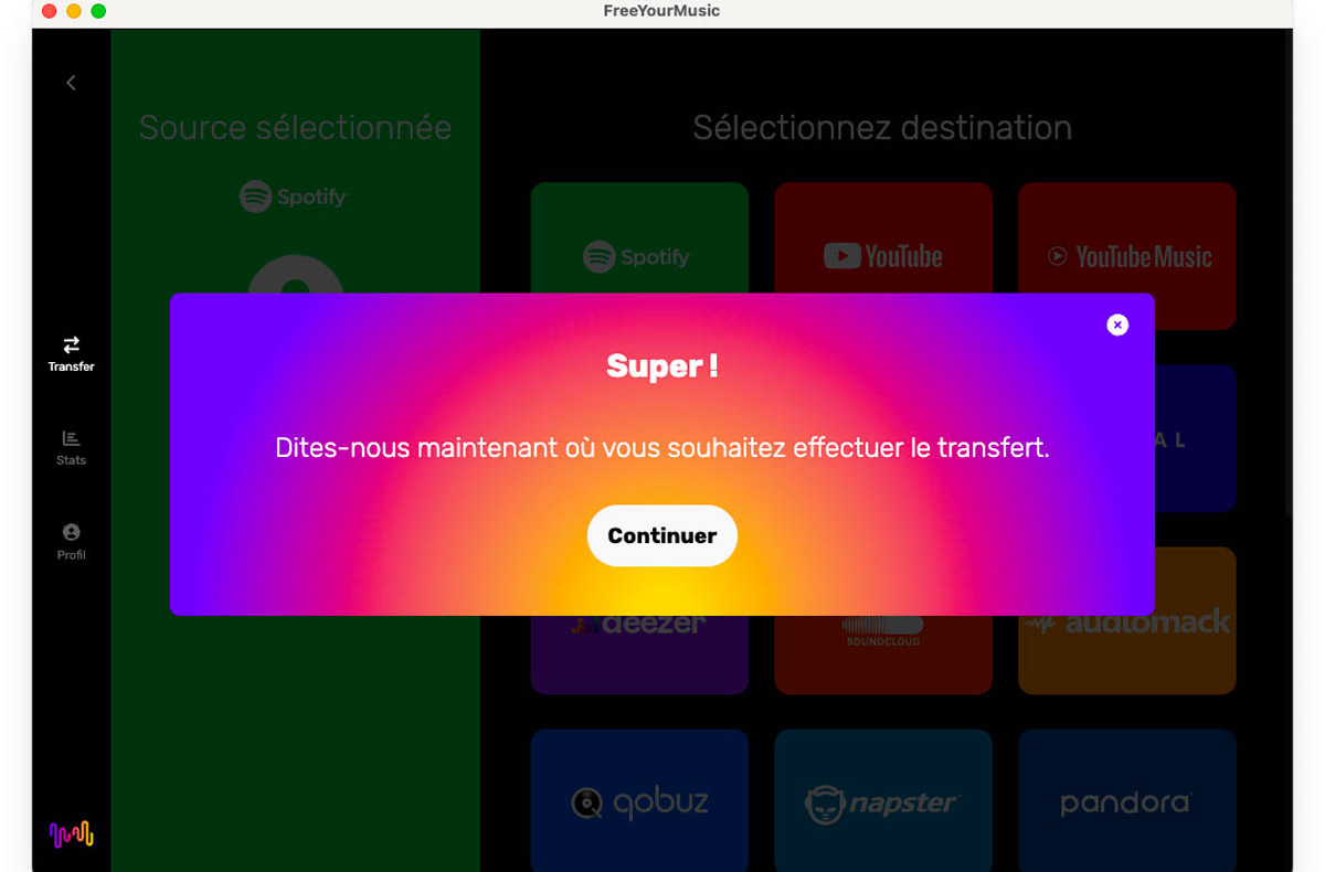 L’application m’a demandé de me connecter à Spotify en m’identifiant. C’est chose faite, je peux poursuivre et sélectionner le service destination. L’application m’a demandé de me connecter à Spotify en m’identifiant. C’est chose faite, je peux poursuivre et sélectionner le service destination.