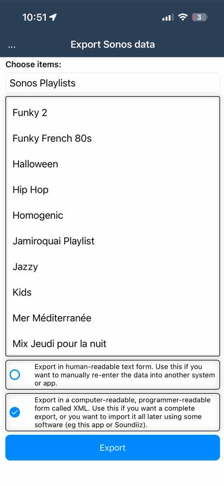 Un onglet pour accéder à vos favoris Qobuz, Deezer, Tidal, TuneIn, etc. L’application mobile gratuite Phonos pour iPhone permet d’exporter les playlists créées dans l’environnement Sonos vers des fichiers textes.