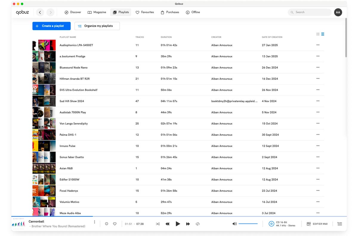 Dans mon compte Qobuz, toutes mes playlists sont rassemblées en un seul endroit pour une gestion plus facile. Dans mon compte Qobuz, toutes mes playlists sont rassemblées en un seul endroit pour une gestion plus facile.
