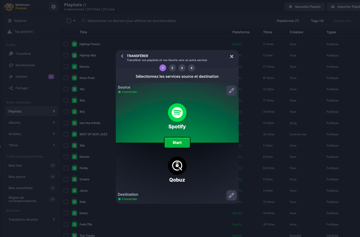 Lorsque je clique sur « Transférer », je dois sélectionner le service source, ici Spotify, et le service de destination, Qobuz. Lorsque je clique sur « Transférer », je dois sélectionner le service source, ici Spotify, et le service de destination, Qobuz.