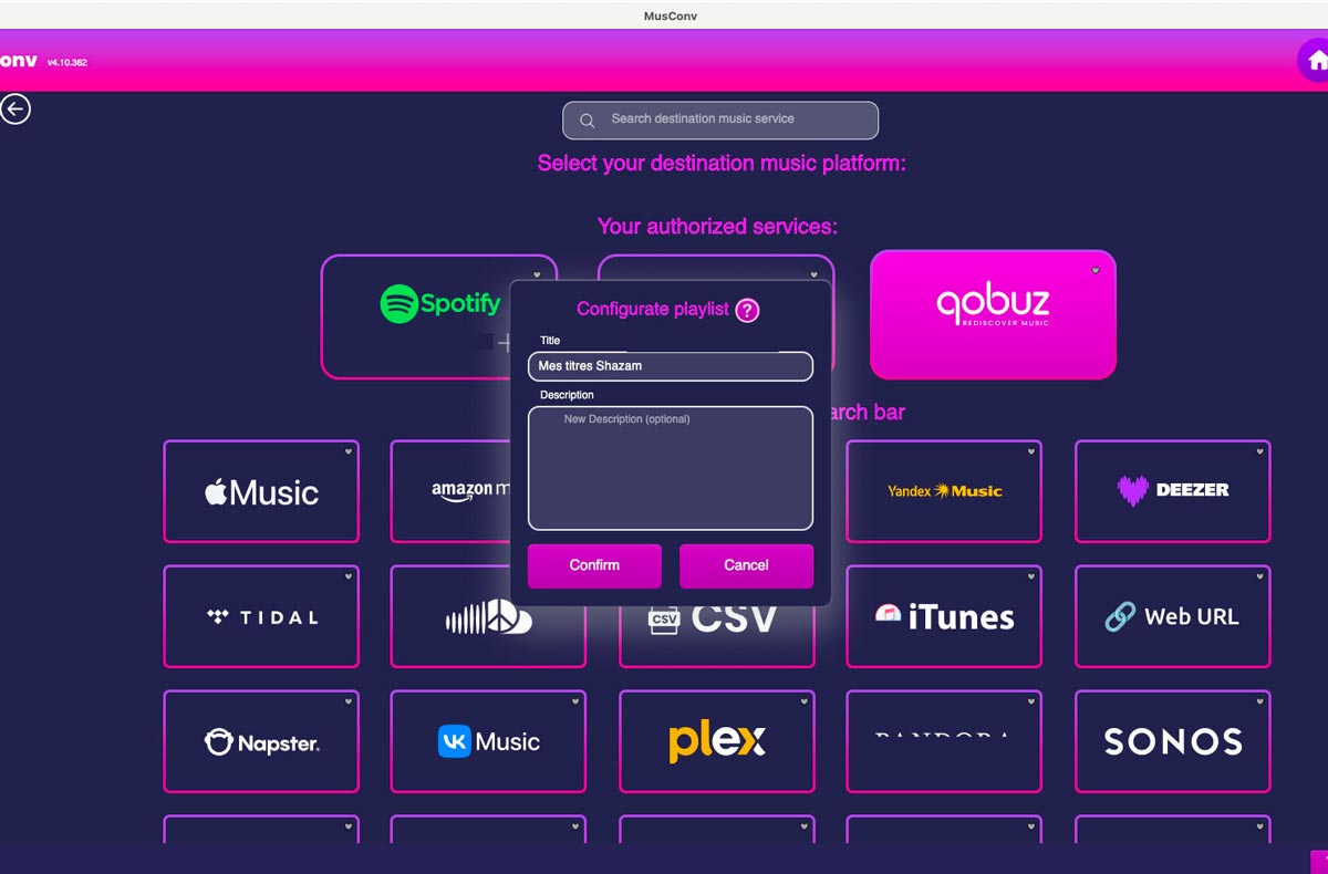 Je sélectionne le service de destination, Qobuz, et le nom à donner à cette nouvelle playlist sur le service Qobuz. Je peux ajouter une description. Je sélectionne le service de destination, Qobuz, et le nom à donner à cette nouvelle playlist sur le service Qobuz. Je peux ajouter une description.