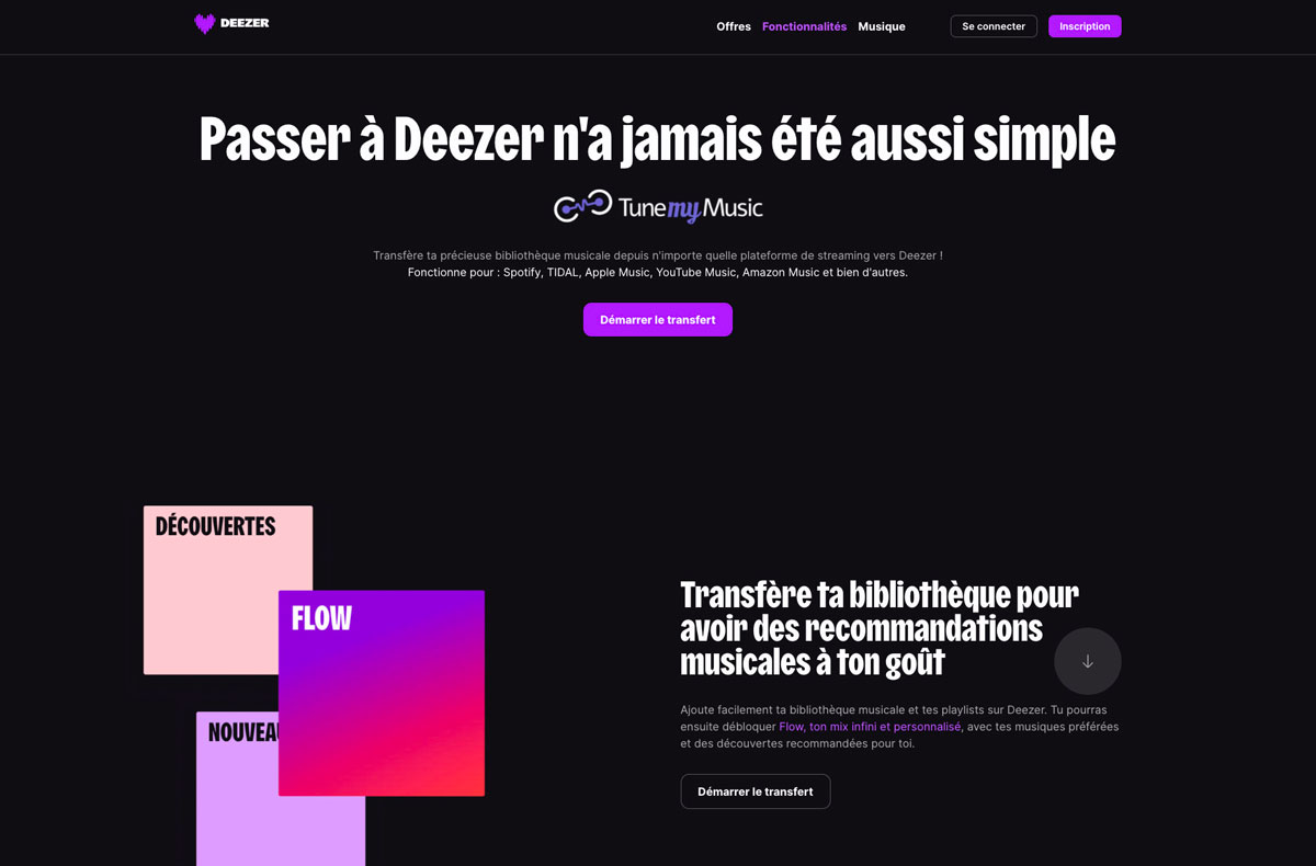 Le service d’importation de playlists depuis un autre service lorsque l’on vient de rejoindre Deezer se trouve ici (https://www.deezer.com/explore/fr/features/transfer-playlist/). Le service d’importation de playlists depuis un autre service lorsque l’on vient de rejoindre Deezer se trouve ici (https://www.deezer.com/explore/fr/features/transfer-playlist/).