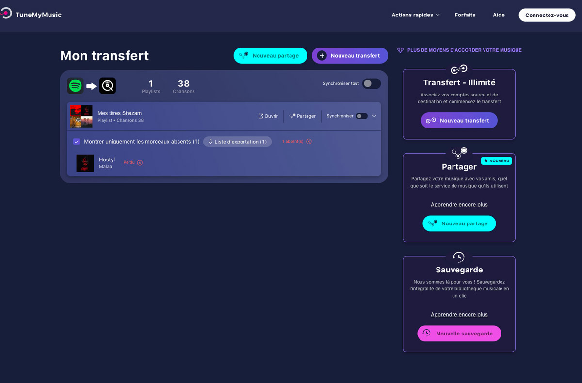 L’écran suivant résume le transfert et propose de synchroniser la playlist à intervalle régulier entre Spotify et Qobuz. L’écran suivant résume le transfert et propose de synchroniser la playlist à intervalle régulier entre Spotify et Qobuz.