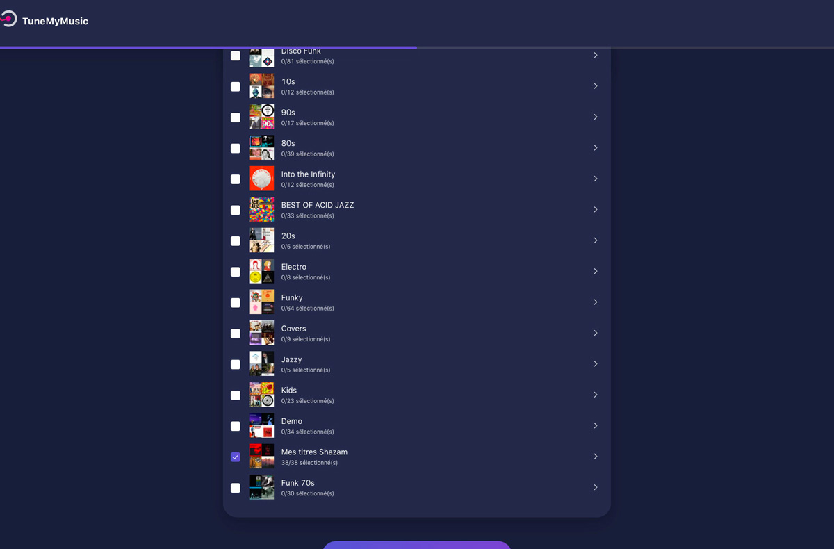 A la deuxième étape, l’outil me demande de sélectionner une ou plusieurs playlists. Je choisis « Mes titres Shazam ». A la deuxième étape, l’outil me demande de sélectionner une ou plusieurs playlists. Je choisis « Mes titres Shazam ».