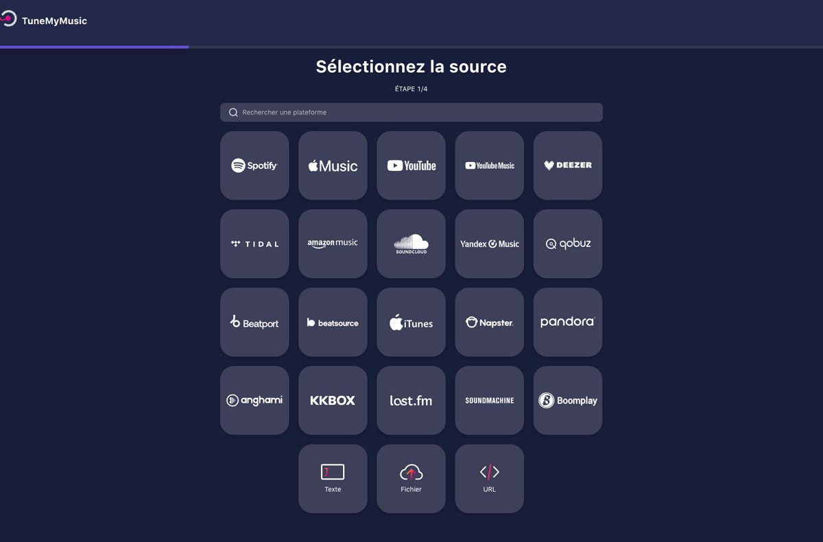 La première étape consiste à sélectionner le service source parmi tous les services supportés. Je sélectionne Spotify. La première étape consiste à sélectionner le service source parmi tous les services supportés. Je sélectionne Spotify.